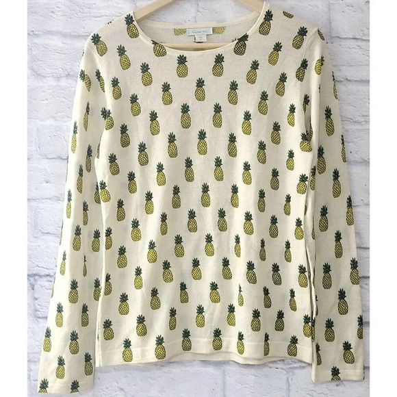 Garnet Hill Pineapple Sweater Women's Medium Cream Merino Wool Long Sleeve - Picture 1 of 6